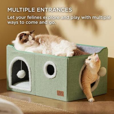 Show full view: Bedsure Cat Cave with Fluffy Ball & Scratch Pad Plush Sherpa Foldable Cat House, Widen, Green slide 2 of 7