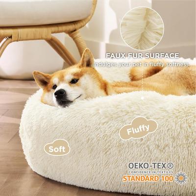 Show full view: Bedsure Calming Fluffy Plush Faux Fur Orthopedic Anti-Slip Donut Dog & Cat Bed, Cream, Medium slide 2 of 8