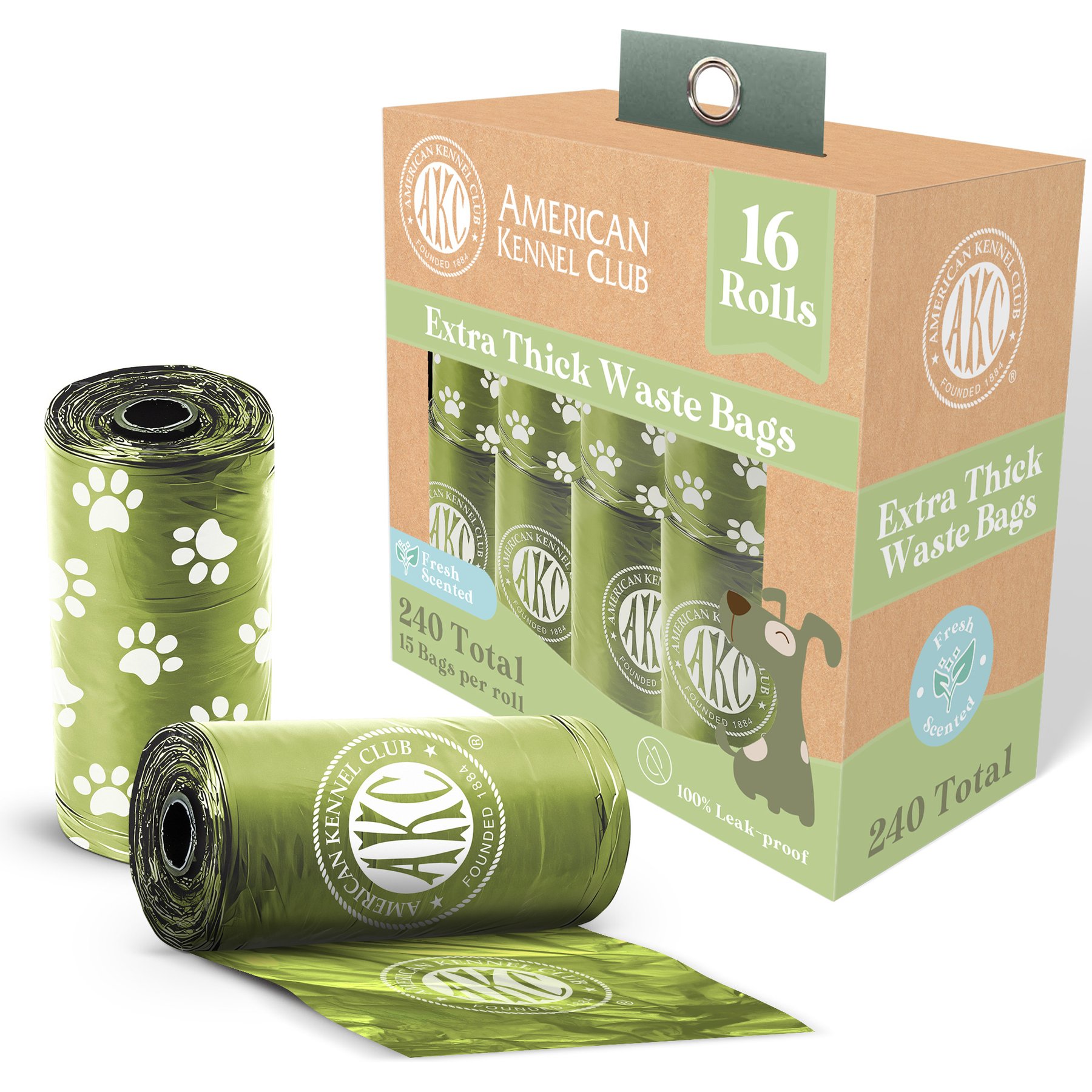 American Kennel Club Extra Thick Leak Proof Pet Waste Bags Refill Rolls, Fresh Scent, 240 count, Green