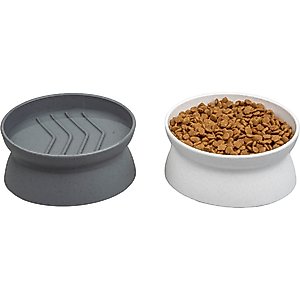 Kitty City Slow-Feed Elevated Cat Bowls, White & Grey, 6.5-oz, 2 count