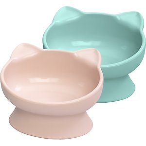 Kitty City Cat Ear Elevated Cat Bowls, Pink & Teal Blue, 6.5-oz, 2 count