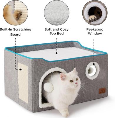 Show full view: Bedsure Cat Cave with Fluffy Ball & Scratch Pad Plush Sherpa Foldable Cat House, Widen, Grey slide 6 of 8