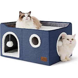 Bedsure Cat Cave with Fluffy Ball & Scratch Pad Plush Sherpa Foldable Cat House, Widen, Blue