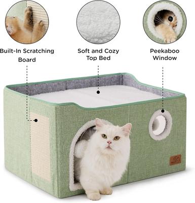 Show full view: Bedsure Cat Cave with Fluffy Ball & Scratch Pad Plush Sherpa Foldable Cat House, Widen, Green slide 4 of 7