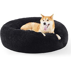 Bedsure Calming Fluffy Plush Faux Fur Orthopedic Anti-Slip Donut Dog & Cat Bed, Black, Medium