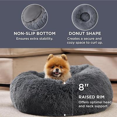 Show full view: Bedsure Calming Fluffy Plush Faux Fur Orthopedic Anti-Slip Donut Dog & Cat Bed, Dark Grey, Small Plus slide 3 of 9
