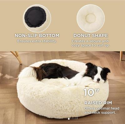 Show full view: Bedsure Calming Fluffy Plush Faux Fur Orthopedic Anti-Slip Donut Dog & Cat Bed, Cream, Large slide 3 of 8