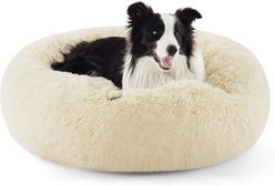 Bedsure Calming Fluffy Plush Faux Fur Orthopedic Anti-Slip Donut Dog & Cat Bed, Cream, Large