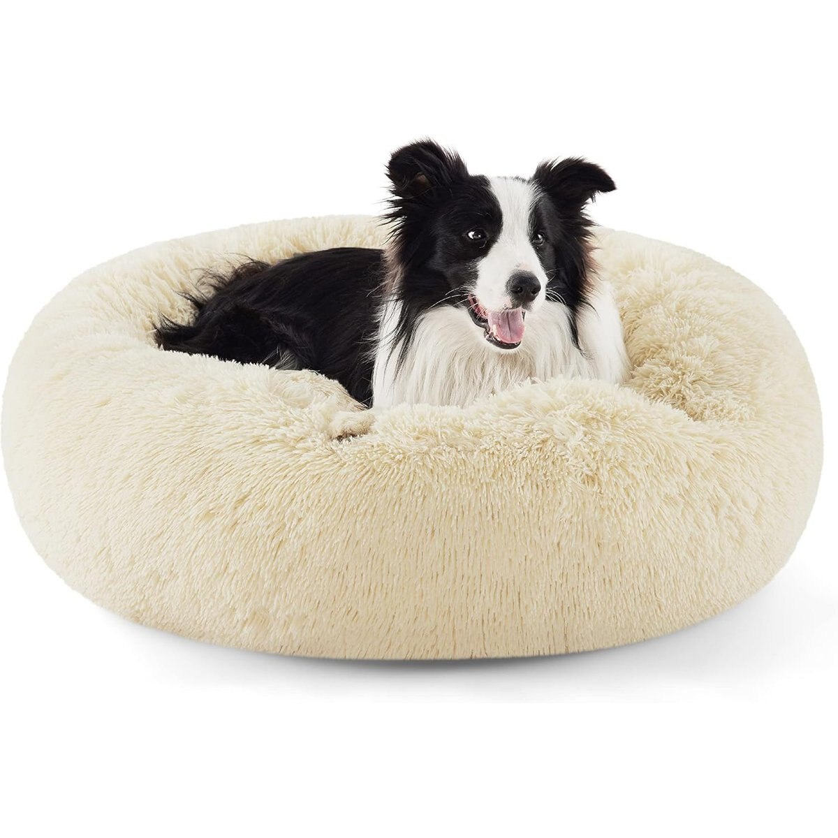 Bedsure Calming Fluffy Plush Faux Fur Orthopedic Anti-Slip Donut Dog & Cat Bed, Cream, Large