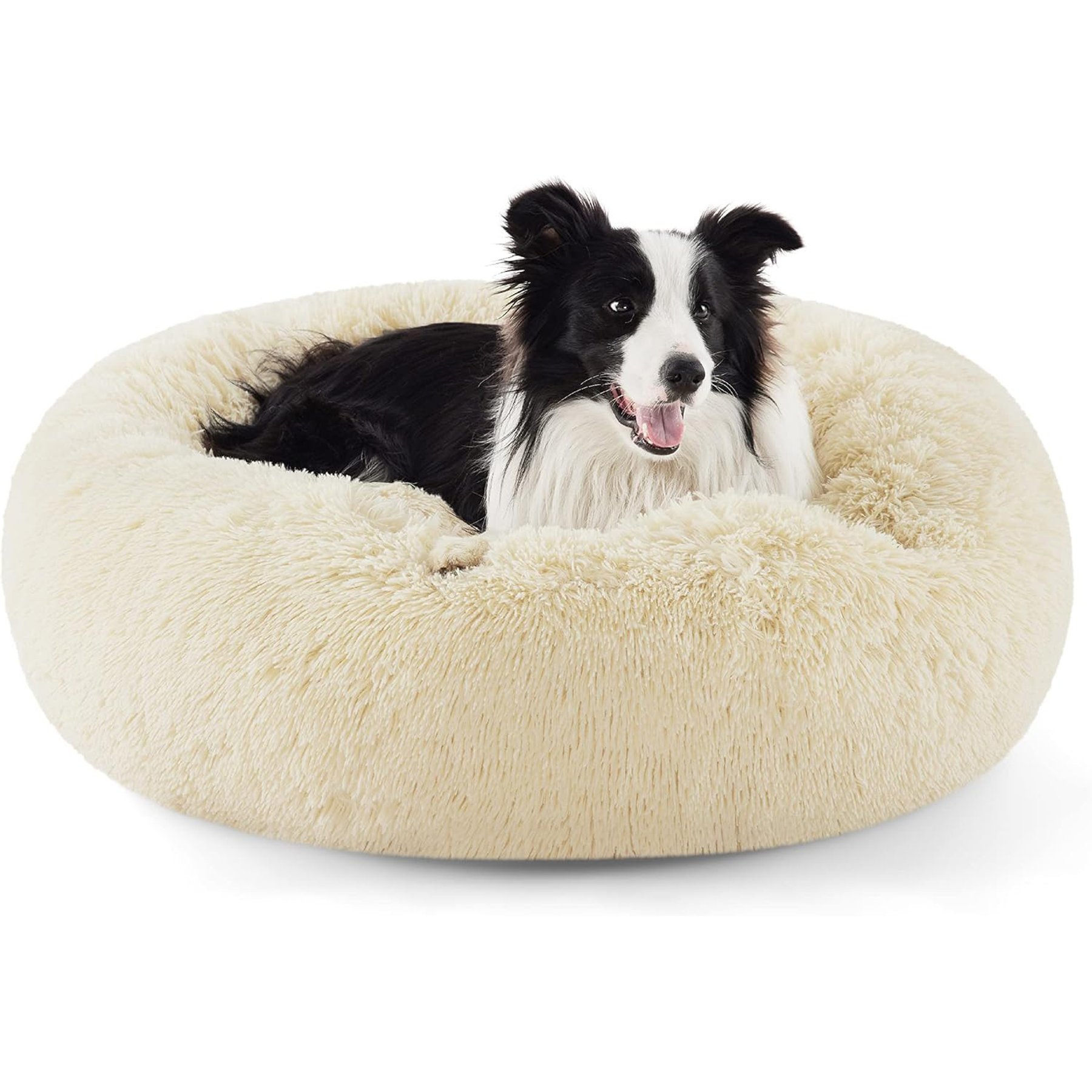 Bedsure Calming Fluffy Plush Faux Fur Orthopedic Anti-Slip Donut Dog & Cat Bed, Cream, Large