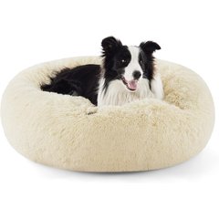 Bedsure Calming Fluffy Plush Faux Fur Orthopedic Anti-Slip Donut Dog & Cat Bed, Cream, Large
