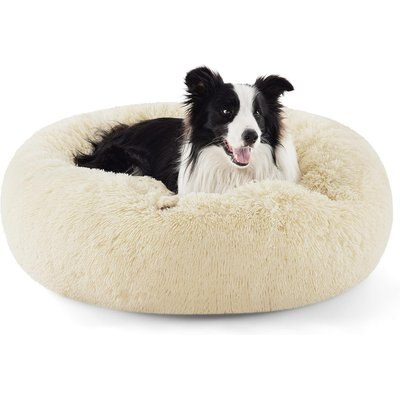Bedsure Bedsure Calming Fluffy Plush Faux Fur Orthopedic Anti-Slip Donut Dog & Cat Bed, Cream, Large