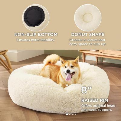Show full view: Bedsure Calming Fluffy Plush Faux Fur Orthopedic Anti-Slip Donut Dog & Cat Bed, Cream, Medium slide 3 of 8