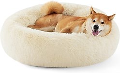 Bedsure Calming Fluffy Plush Faux Fur Orthopedic Anti-Slip Donut Dog & Cat Bed, Cream, Medium