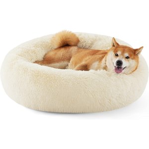 Bedsure Calming Fluffy Plush Faux Fur Orthopedic Anti-Slip Donut Dog & Cat Bed, Cream, Medium