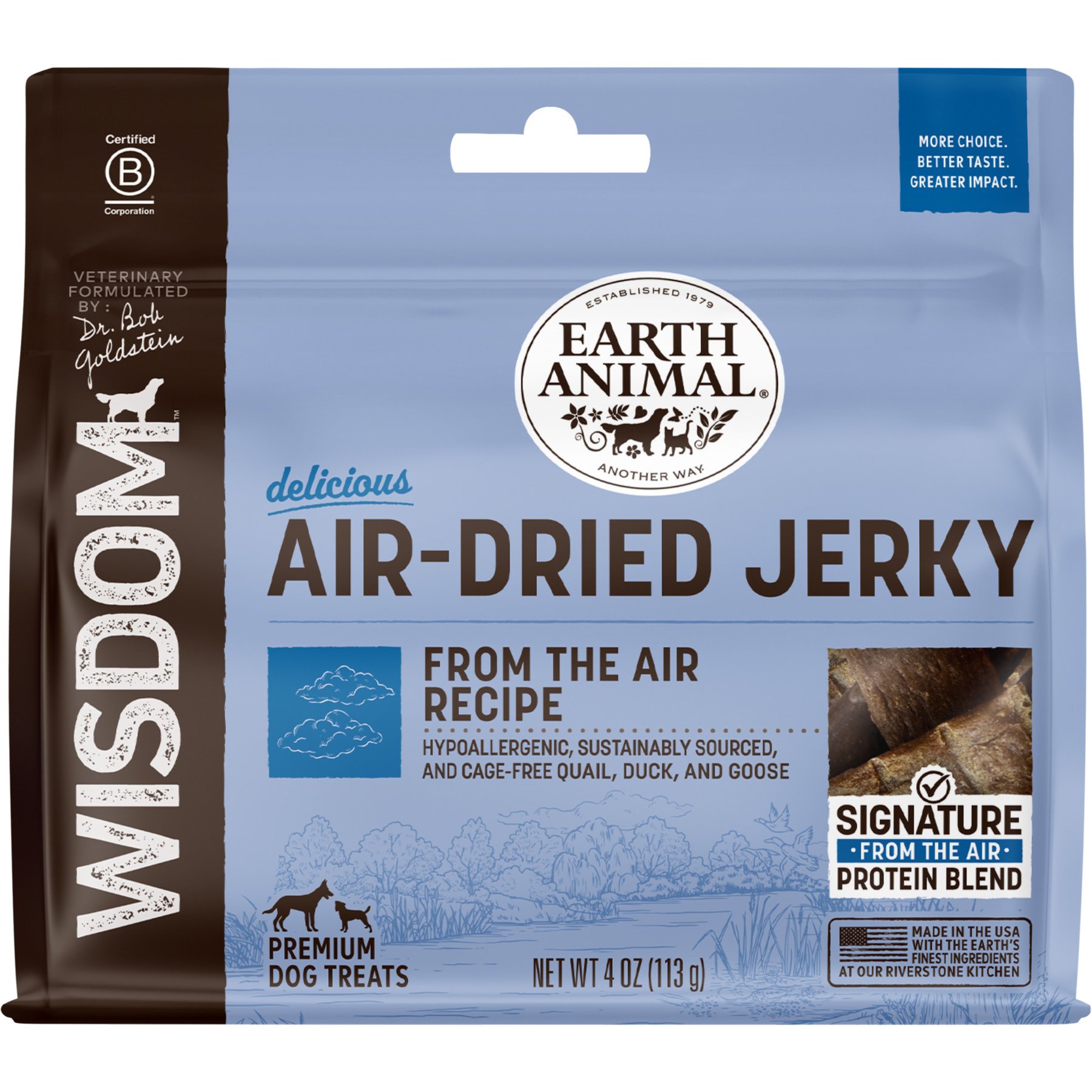 Earth Animal Wisdom Air-Dried From the Air Recipe with Quail, Duck, & Goose Premium Natural Jerky Strips Dog Treats, 4-oz bag