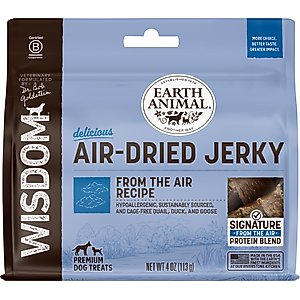 Earth Animal Wisdom Air-Dried From the Air Recipe with Quail, Duck, & Goose Premium Natural Jerky Strips Dog Treats, 4-oz bag