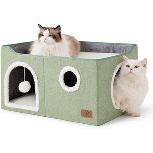Bedsure Cat Cave with Fluffy Ball & Scratch Pad Plush Sherpa Foldable Cat House, Widen, Green