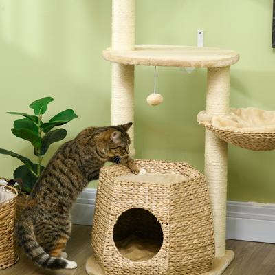 Show full view: PawHut Kitty Activity Center 47-in Plush Cat Tree, Natural Wood slide 9 of 9