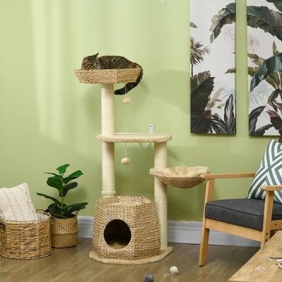 Show full view: PawHut Kitty Activity Center 47-in Plush Cat Tree, Natural Wood slide 2 of 9