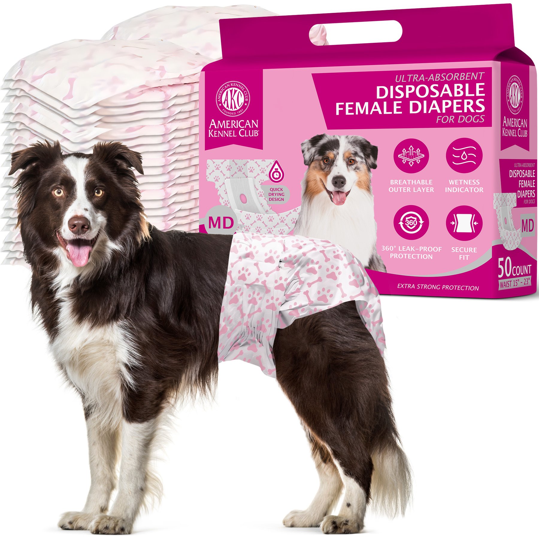 American Kennel Club Disposable Female Dog Wraps with Wetness Indicator, 50 count, Medium
