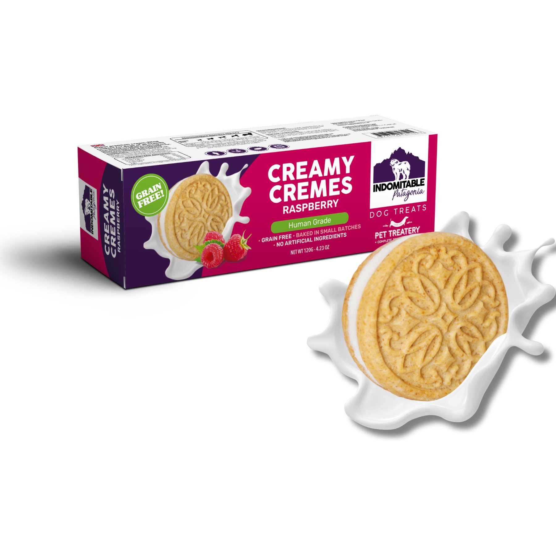 The Granville Island Pet Treatery Indomitable Patagonia Grain-Free Creamy Cremes Rasberry Crunchy Dog Treats, 4.2-oz box