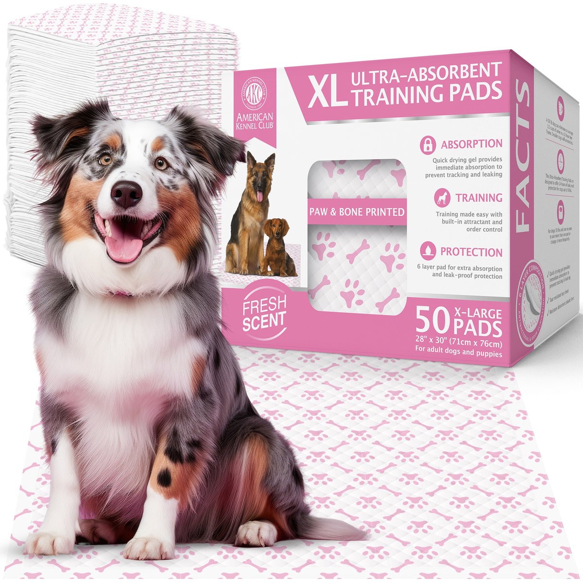 American Kennel Club Paw & Bone Print Dog Training Pads, Pink, 28 X 30-in, 50 count