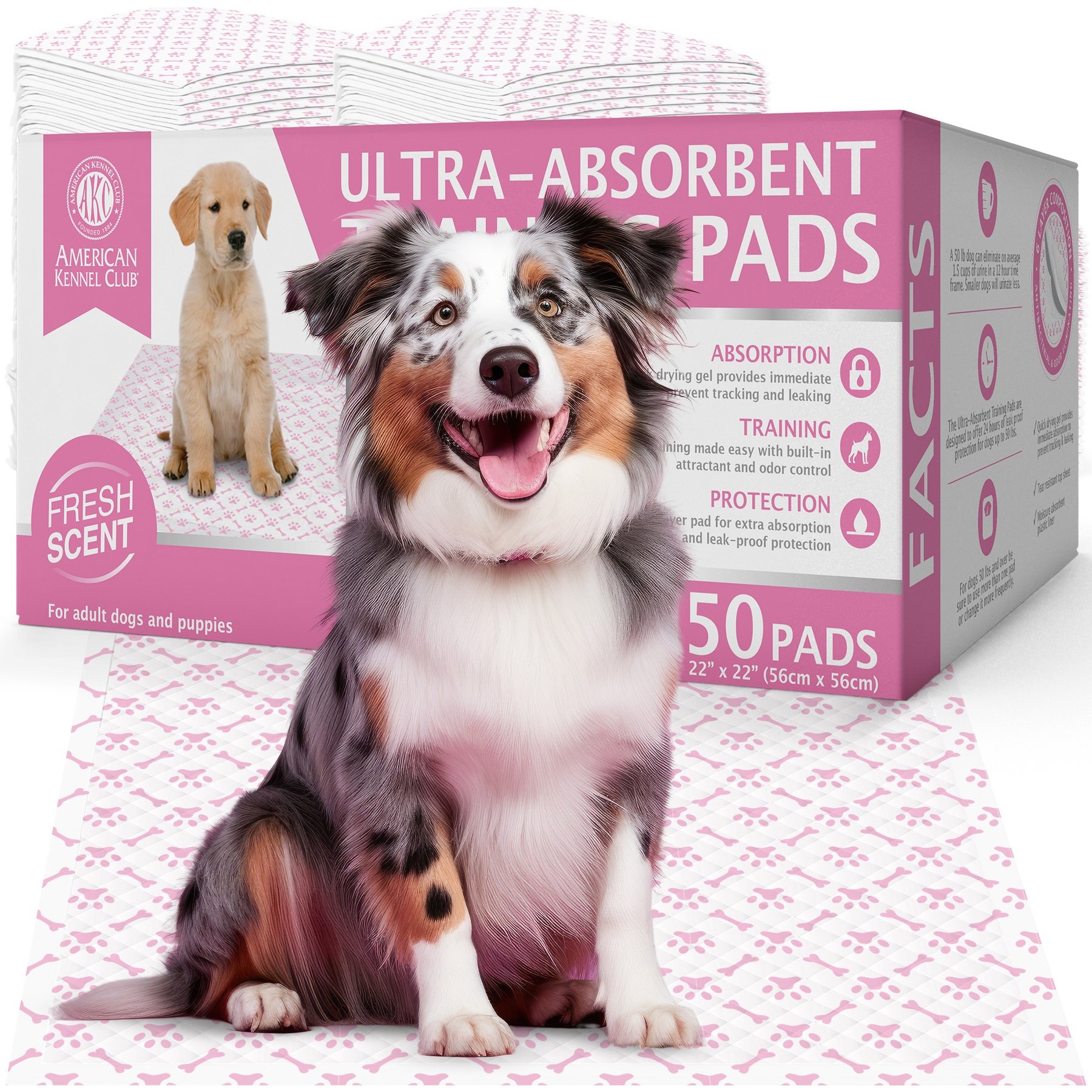 American Kennel Club Paw & Bone Print Dog Training Pads, Pink, 22 X 22-in, 50 count