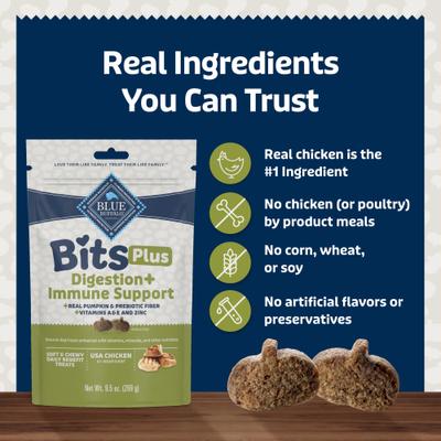 Show full view: Blue Buffalo Blue Bits Plus Chicken & Pumpkin Flavor Digestion & Immune Support Soft & Chewy Dog Treats, 9.5-oz bag slide 7 of 10