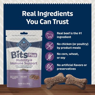 Show full view: Blue Buffalo Blue Bits Plus Beef Flavor Mobility & Immune Support Soft & Chewy Dog Treats, 9.5-oz bag slide 7 of 10