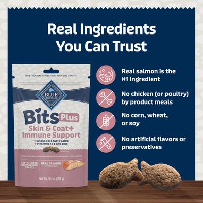 Show full view: Blue Buffalo Blue Bits Plus Salmon Flavor Skin, Coat & Immune Support Soft & Chewy Dog Treats, 9.5-oz bag slide 7 of 10