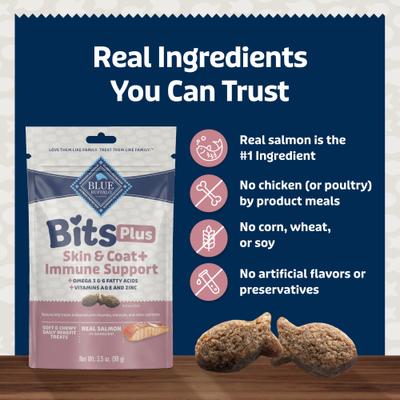 Show full view: Blue Buffalo Blue Bits Plus Salmon Flavor Skin, Coat & Immune Support Soft & Chewy Dog Treats, 3.5-oz bag slide 7 of 10