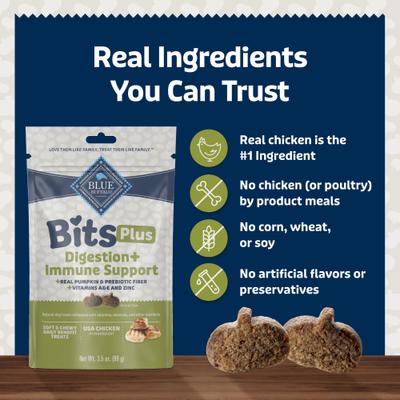 Show full view: Blue Buffalo Blue Bits Plus Chicken & Pumpkin Flavor Digestion & Immune Support Soft & Chewy Dog Treats, 3.5-oz bag slide 7 of 10