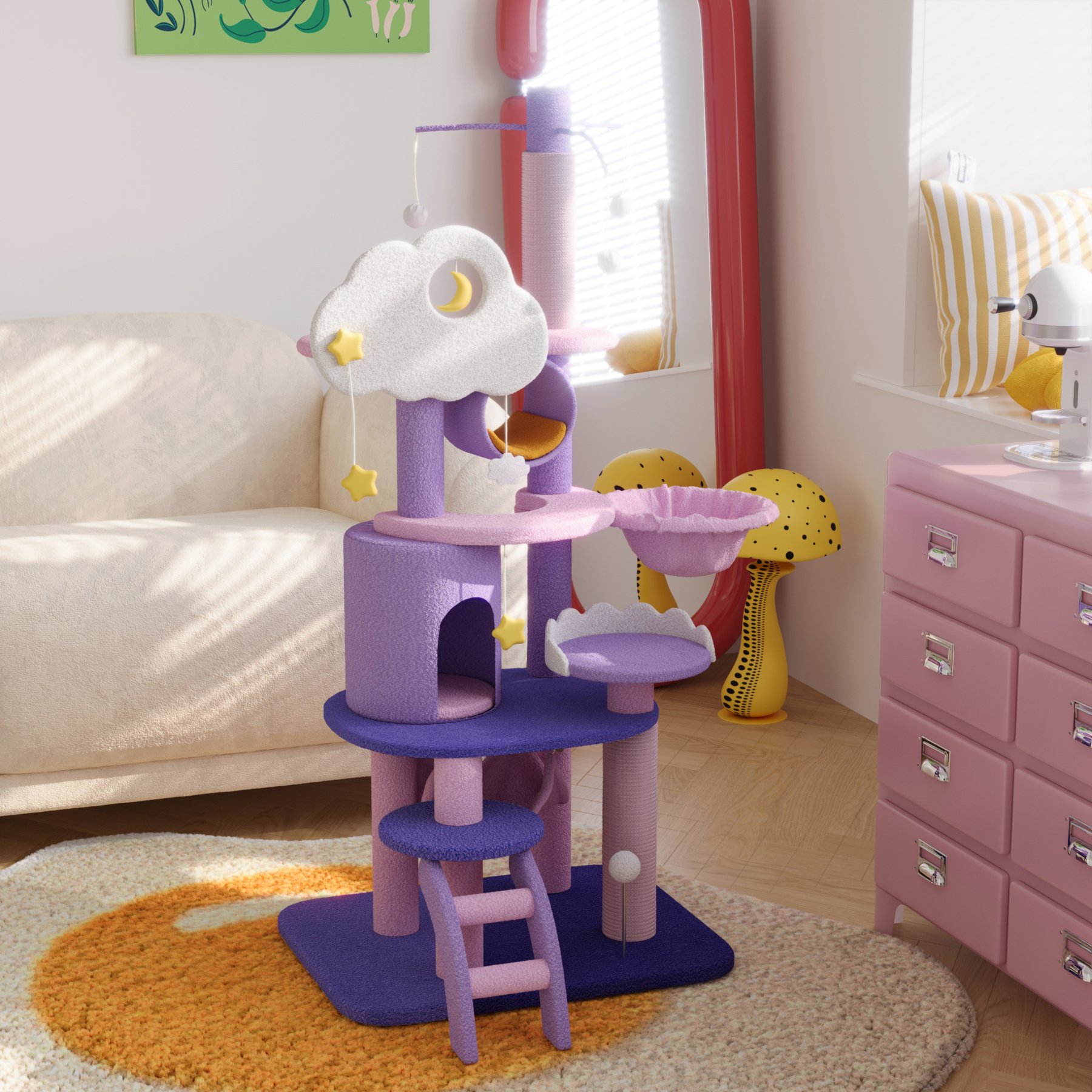 Happy & Polly Moonlight Deluxe 65-in Plush Cat Tree Condo, Purple, X-Large