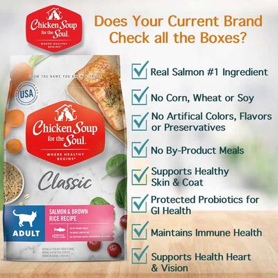 Show full view: Chicken Soup for the Soul Classic Salmon & Brown Rice Recipe Adult Dry Cat Food, 12-lb bag slide 3 of 11