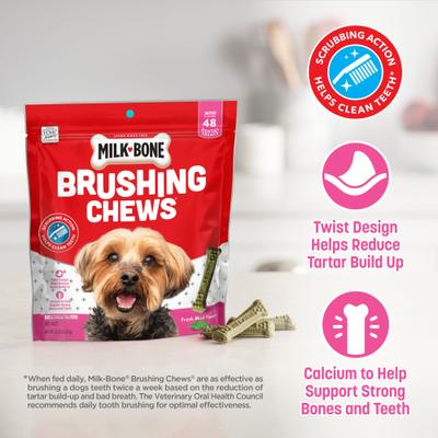 Show full view: Milk-Bone Fresh Breath Brushing Chews Mini Mint Flavor Daily Dental Dog Treats, 48 count slide 6 of 11