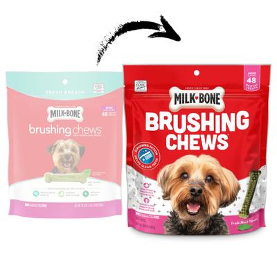 Show full view: Milk-Bone Fresh Breath Brushing Chews Mini Mint Flavor Daily Dental Dog Treats, 48 count slide 4 of 11