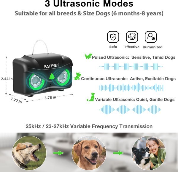 PATPET Adjustable Level Ultrasonic Indoor/Outdoor Dog Bark Control Device