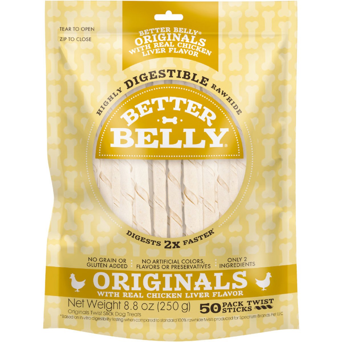 Better Belly Originals Twist Sticks Highly-Digestible Rawhide Chicken Liver Flavor Dog Treat Chew, 50 count