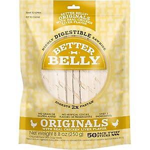 Better Belly Originals Twist Sticks Highly-Digestible Rawhide Chicken Liver Flavor Dog Treat Chew, 50 count