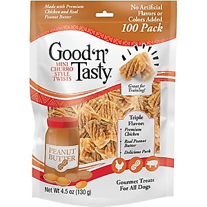 Good 'n' Tasty Triple Flavor Mini Churro Style Twists Chicken, Peanut Butter & Pork Gourmet Crunchy Dog Treats, 100 count