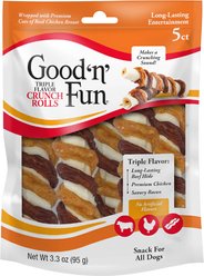 Good 'n' Fun Triple Flavor Chicken, Bacon & Beef Dog Treat Chew Crunch Rolls, 5 count