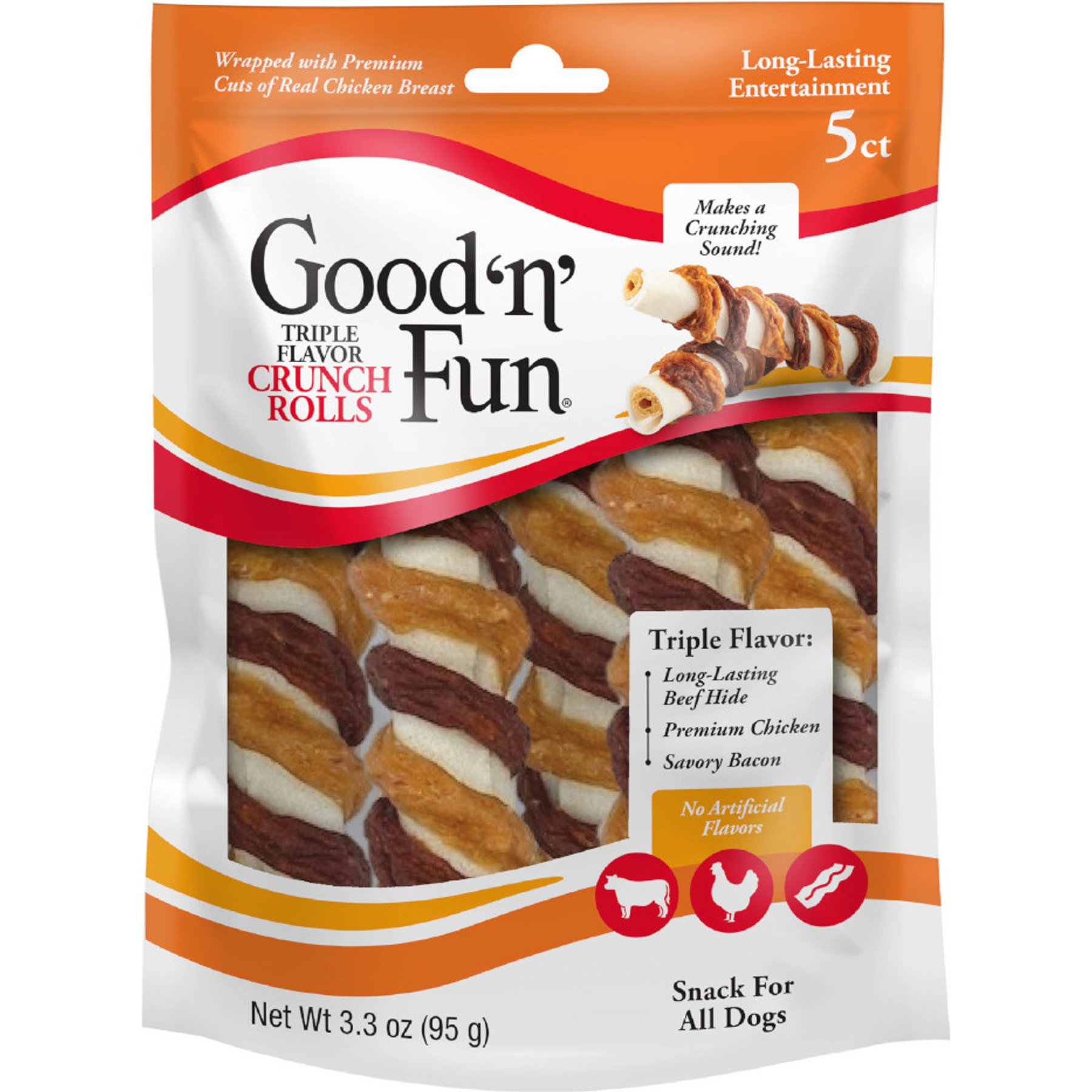 Good 'n' Fun Triple Flavor Chicken, Bacon & Beef Dog Treat Chew Crunch Rolls, 5 count