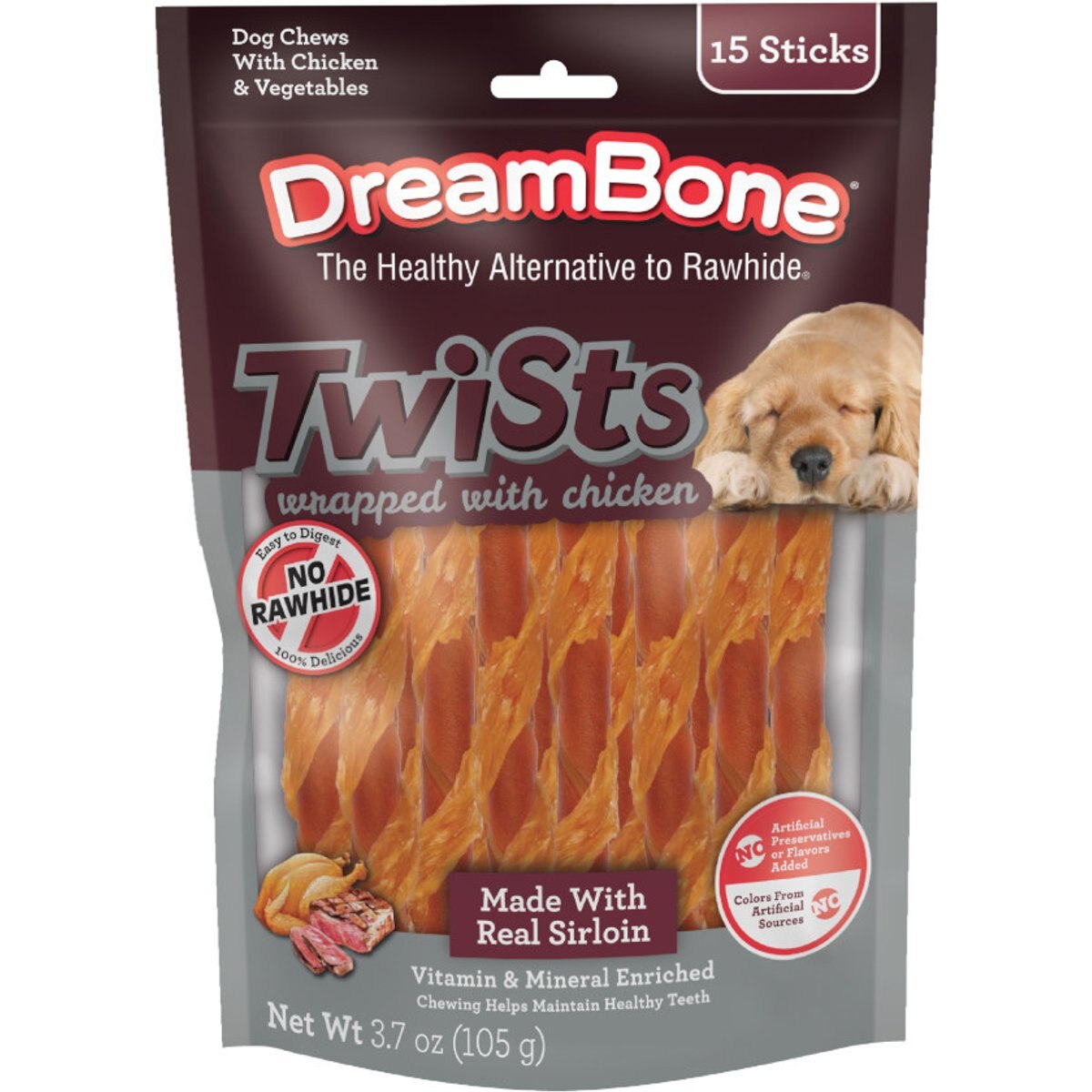 DreamBone Twists Wrapped with Chicken Real Sirloin Rawhide Free Dog Chews, 15 count