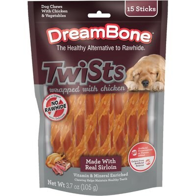 DreamBone DreamBone Twists Wrapped with Chicken Real Sirloin Rawhide Free Dog Chews, 15 count