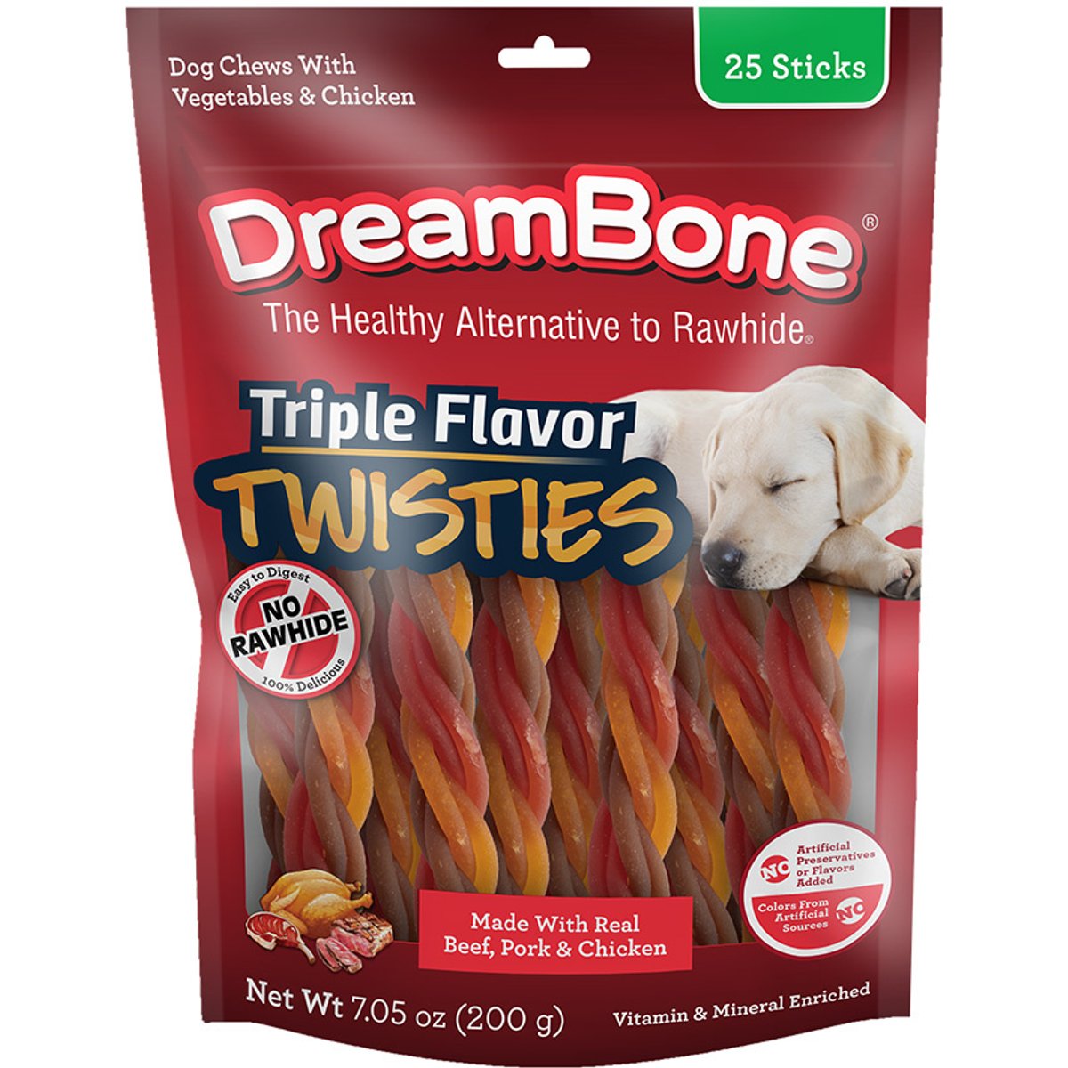 DreamBone Triple Flavor Twisties Real Beef, Pork & Chicken Rawhide Free Dog Chews, 25 count