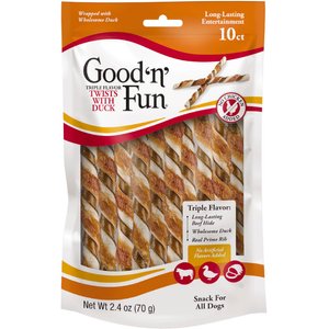 Good 'n' Fun Triple Flavor Twists Sticks Beef, Duck & Prime Rib Dog Treat Chew, 10 count
