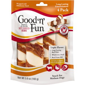 Good 'n' Fun Triple Flavor Stuffed Ribs Beef, Duck & Prime Rib Dog Treat Chews, 4 count