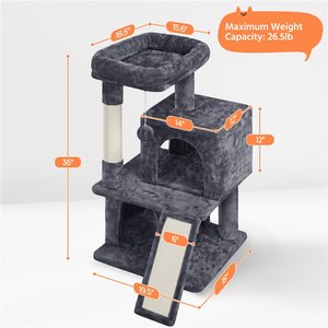 Yaheetech 3 Tiers 36-in Plush Cat Tower with Double Cat Condo, Dark Gray