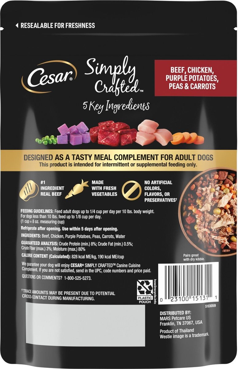 Cesar Simply Crafted Beef, Chicken, Purple Potatoes, Peas & Carrots Adult Wet Dog Food Topper